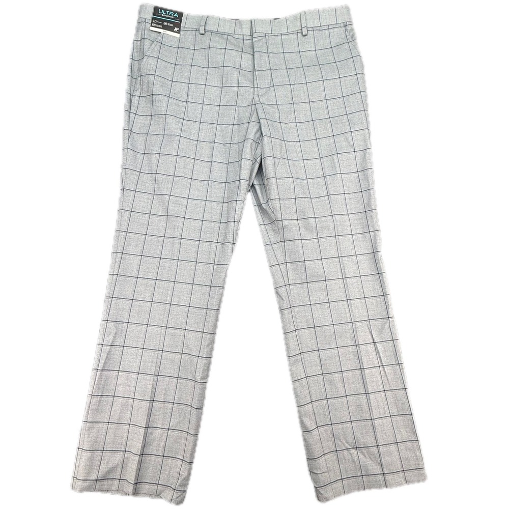 J.Ferrar Dress Pants Mens 38x30 Gray Windowpane Ultra Comfort Slim Flat Front